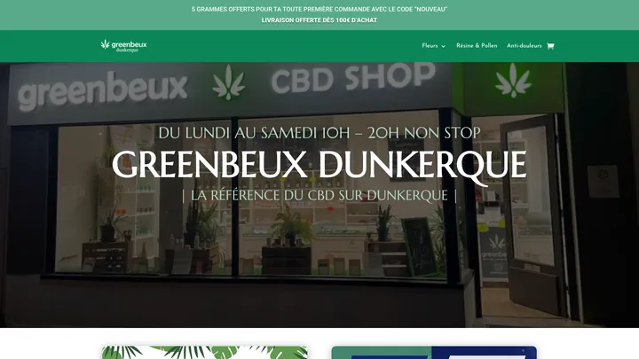Page d'accueil du site greenbeuxdunkerque.fr, boutique CBD à Dunkerque