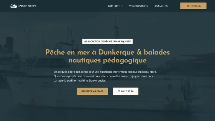 Page d'accueil du site sabrinafishing.fr, sorties de pêche en mer à Dunkerque